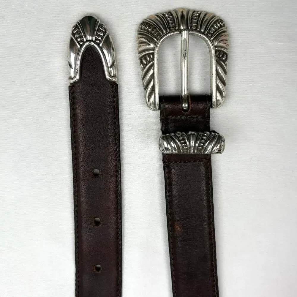 Vintage 90s Donna Katz Leather Western Concho Belt Brown Silver Tone Size M